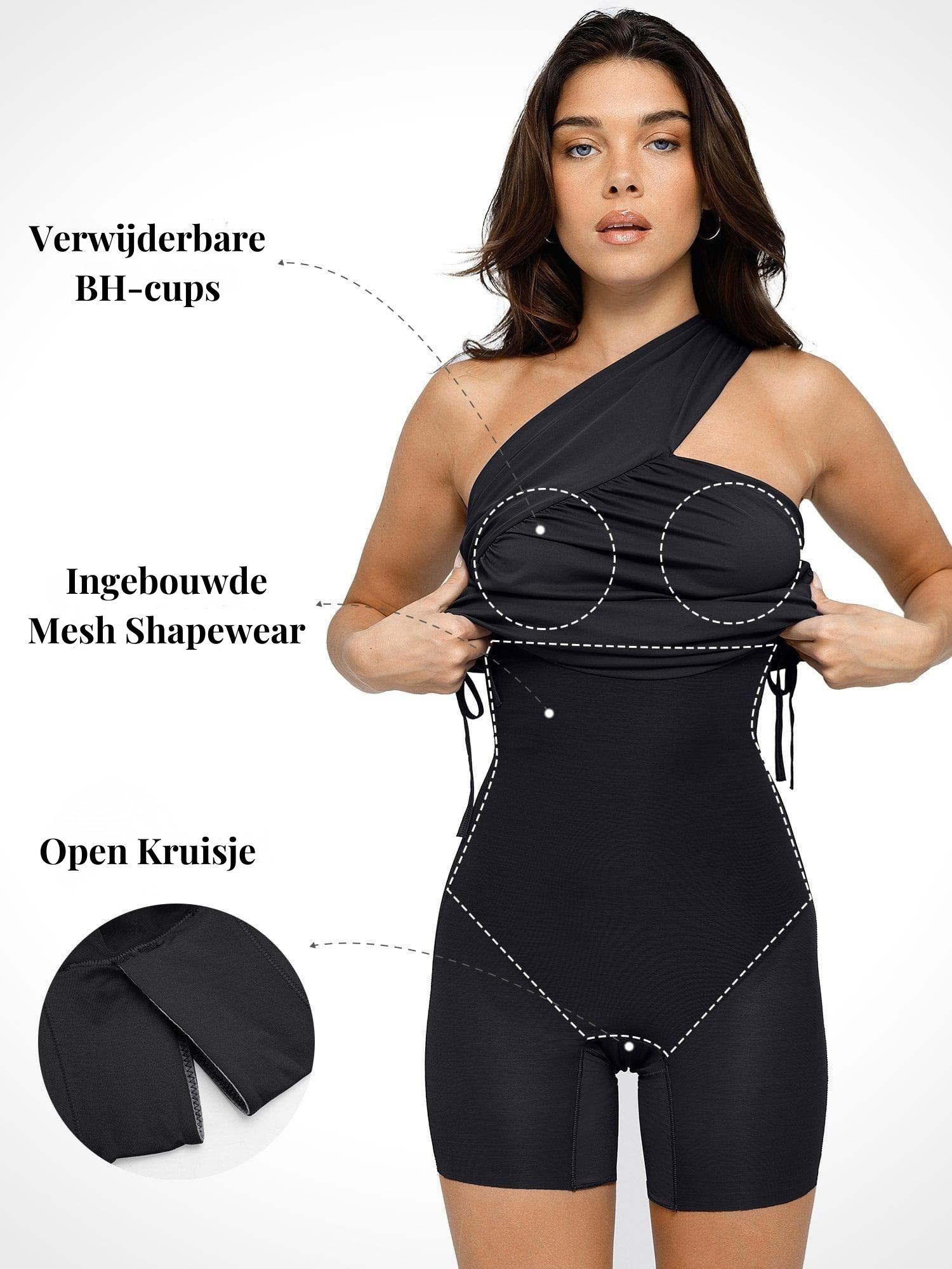 Elegante Één-Schouder Jurk met Plooien & Shapewear